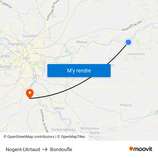 Nogent-L'Artaud to Bondoufle map