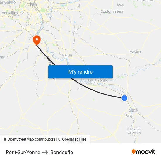 Pont-Sur-Yonne to Bondoufle map