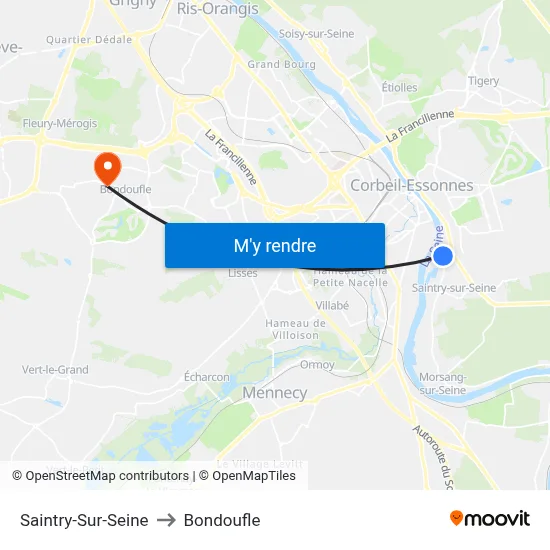 Saintry-Sur-Seine to Bondoufle map
