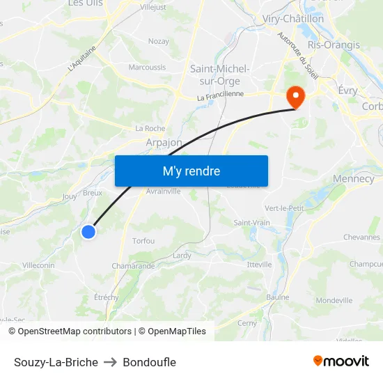 Souzy-La-Briche to Bondoufle map