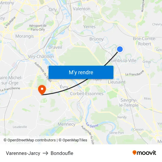 Varennes-Jarcy to Bondoufle map