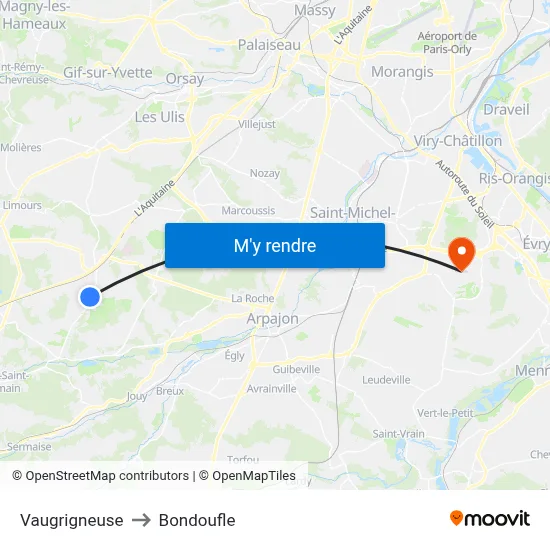 Vaugrigneuse to Bondoufle map