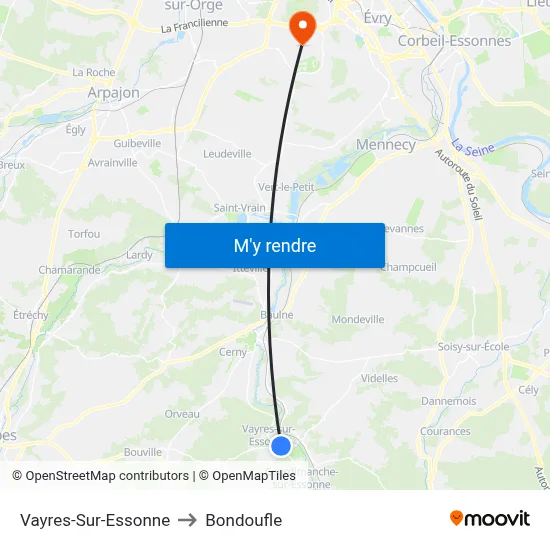 Vayres-Sur-Essonne to Bondoufle map