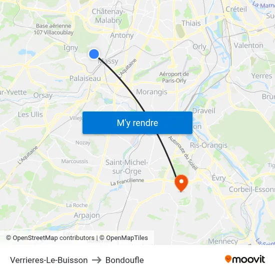 Verrieres-Le-Buisson to Bondoufle map