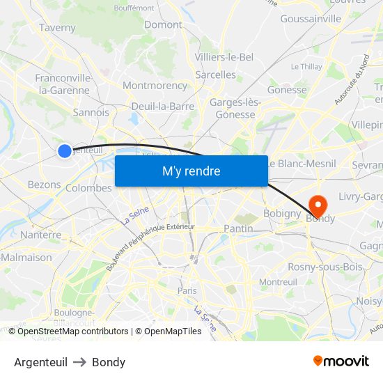 Argenteuil to Bondy map