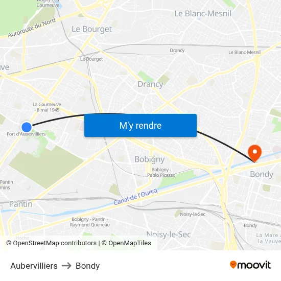 Aubervilliers to Bondy map