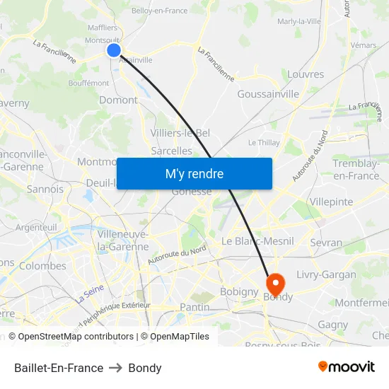Baillet-En-France to Bondy map
