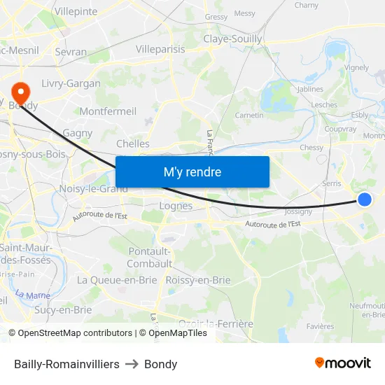 Bailly-Romainvilliers to Bondy map