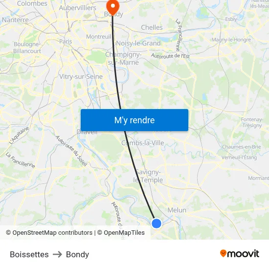Boissettes to Bondy map