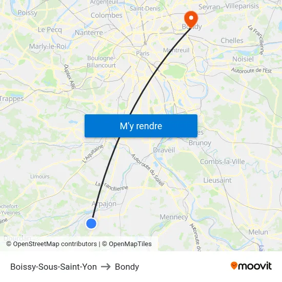 Boissy-Sous-Saint-Yon to Bondy map