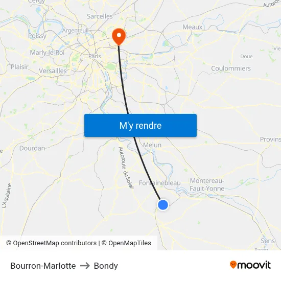 Bourron-Marlotte to Bondy map