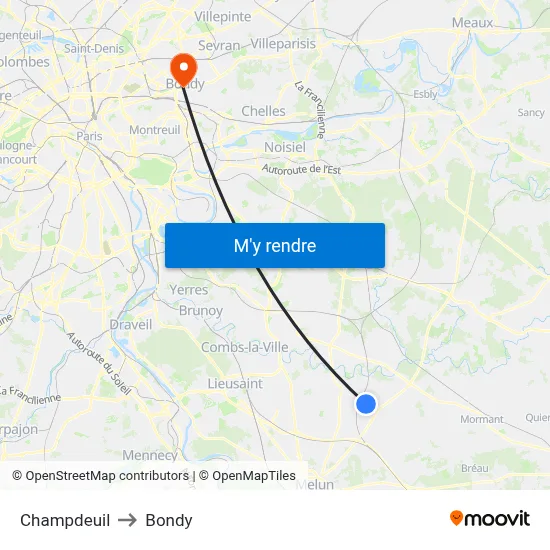 Champdeuil to Bondy map