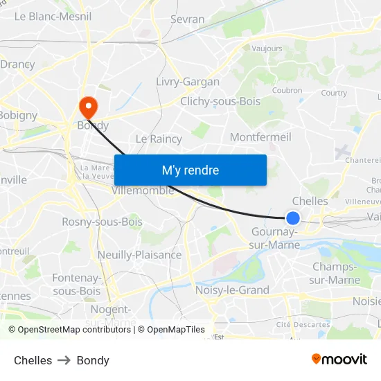 Chelles to Bondy map
