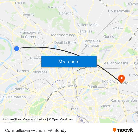 Cormeilles-En-Parisis to Bondy map