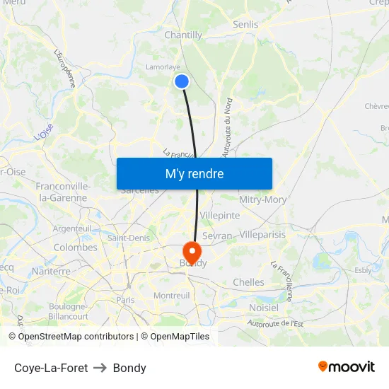 Coye-La-Foret to Bondy map