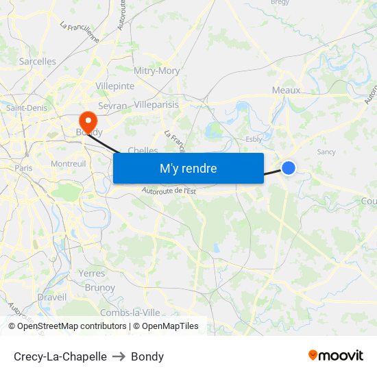 Crecy-La-Chapelle to Bondy map