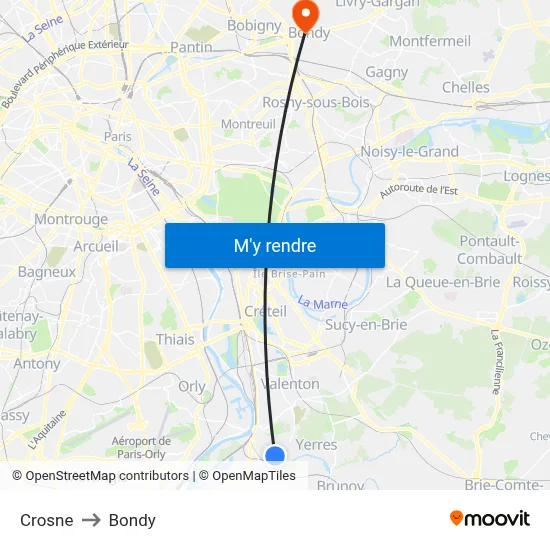 Crosne to Bondy map