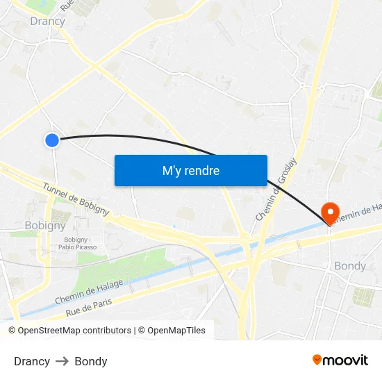 Drancy to Bondy map