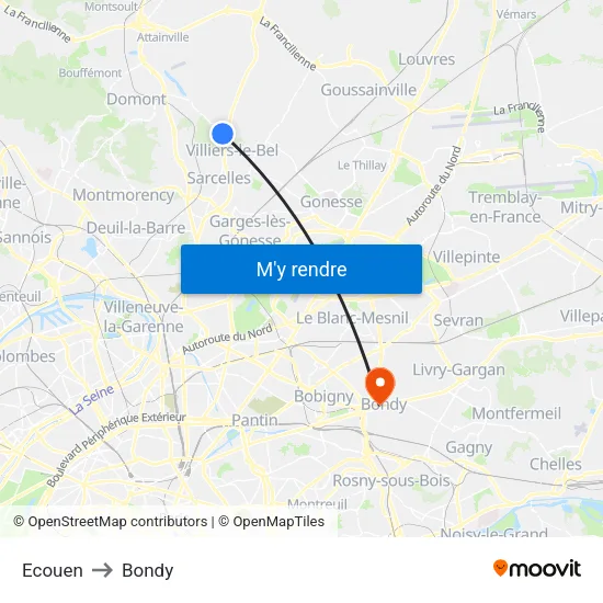 Ecouen to Bondy map