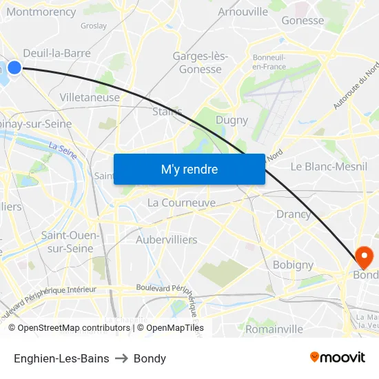 Enghien-Les-Bains to Bondy map