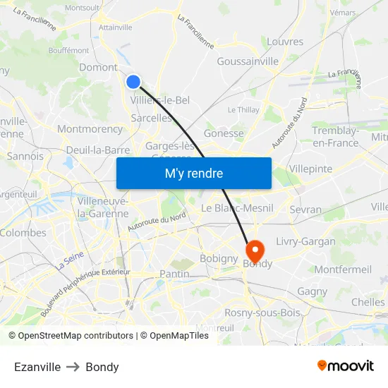 Ezanville to Bondy map