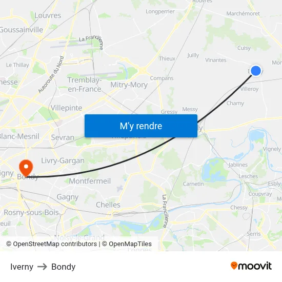 Iverny to Bondy map
