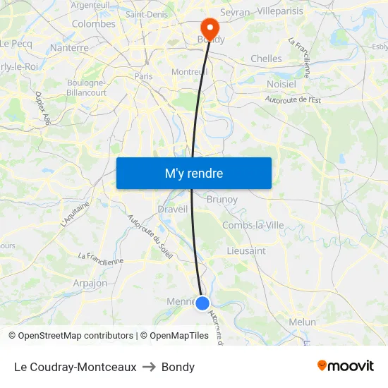 Le Coudray-Montceaux to Bondy map