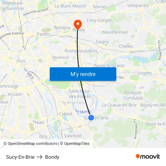 Sucy-En-Brie to Bondy map