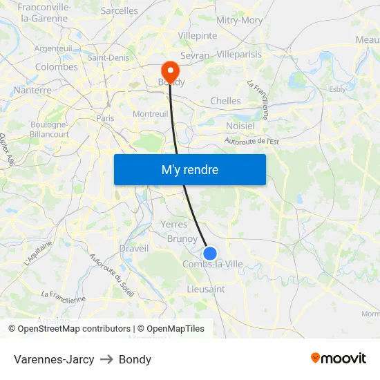 Varennes-Jarcy to Bondy map
