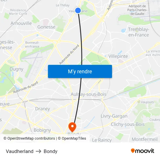 Vaudherland to Bondy map