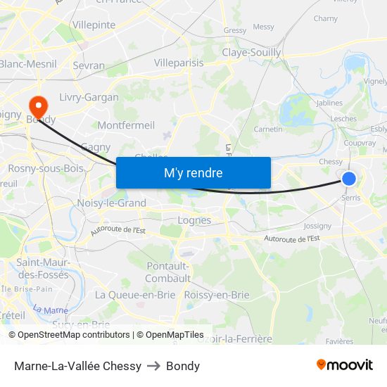 Marne-La-Vallée Chessy to Bondy map