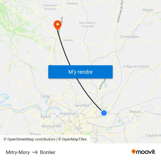 Mitry-Mory to Bonlier map