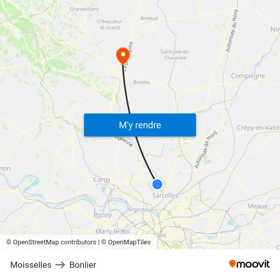 Moisselles to Bonlier map