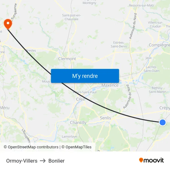 Ormoy-Villers to Bonlier map