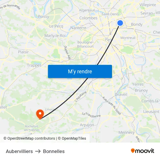 Aubervilliers to Bonnelles map