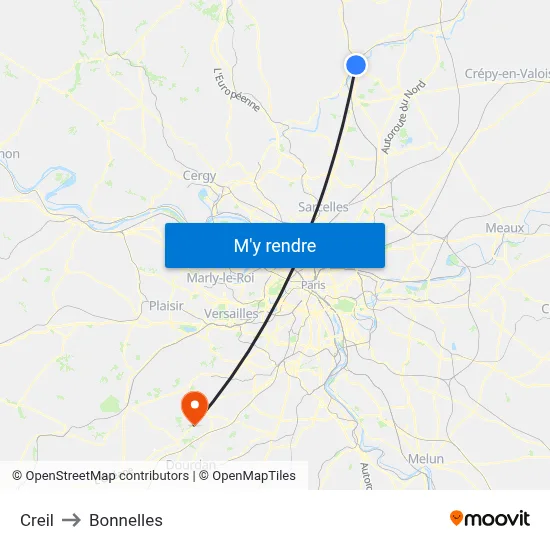 Creil to Bonnelles map