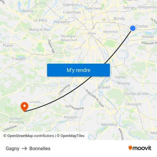 Gagny to Bonnelles map