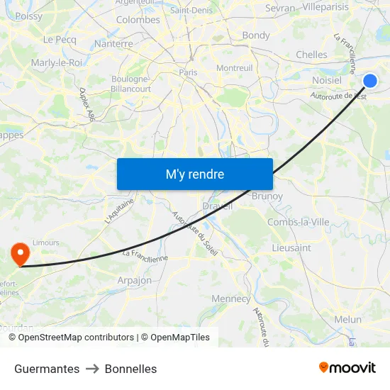 Guermantes to Bonnelles map