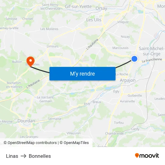 Linas to Bonnelles map
