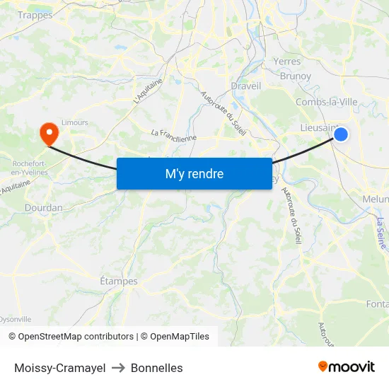 Moissy-Cramayel to Bonnelles map