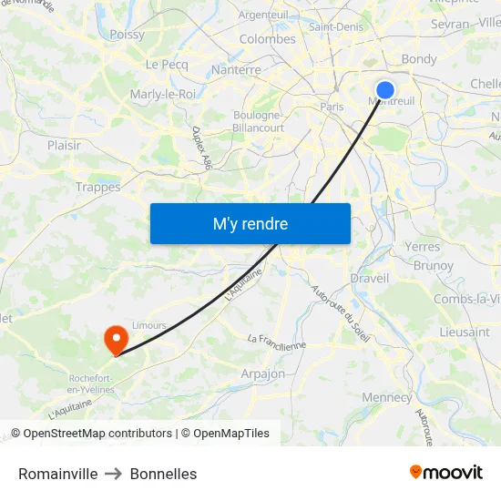 Romainville to Bonnelles map
