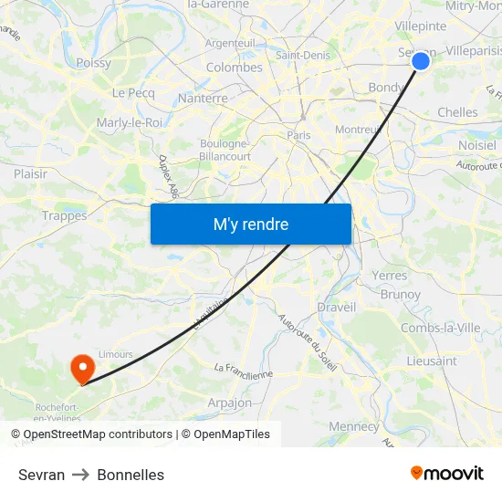 Sevran to Bonnelles map