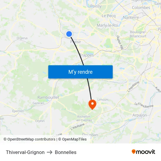 Thiverval-Grignon to Bonnelles map