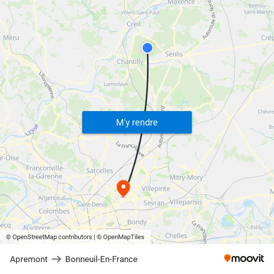 Apremont to Bonneuil-En-France map