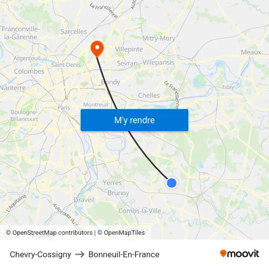 Chevry-Cossigny to Bonneuil-En-France map