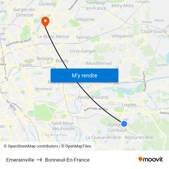 Emerainville to Bonneuil-En-France map