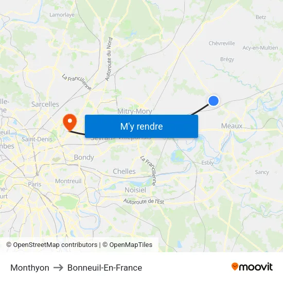 Monthyon to Bonneuil-En-France map