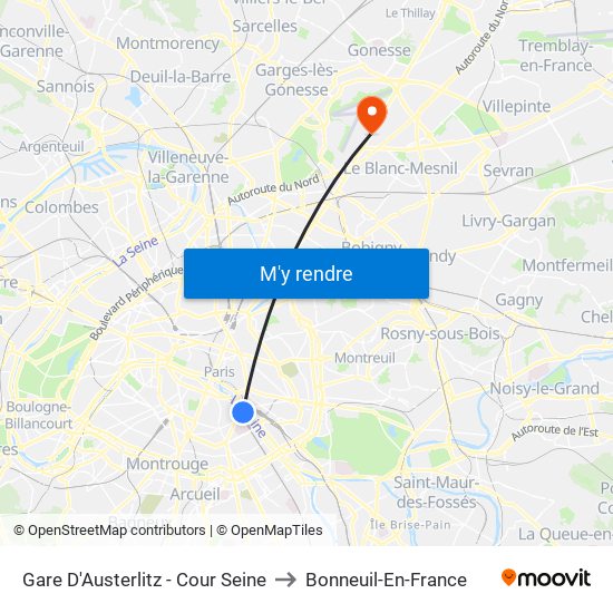 Gare D'Austerlitz - Cour Seine to Bonneuil-En-France map