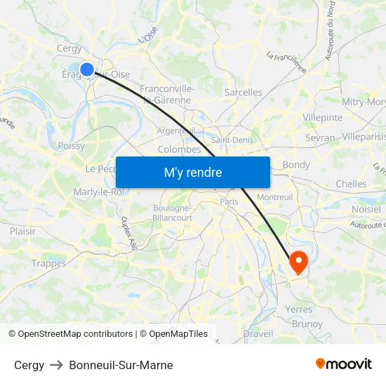 Cergy to Bonneuil-Sur-Marne map