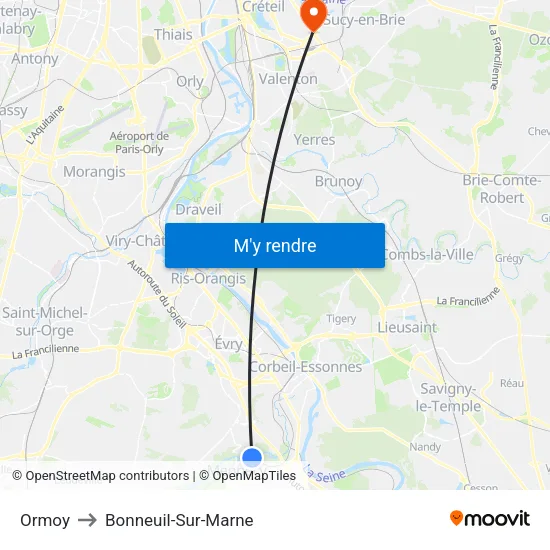 Ormoy to Bonneuil-Sur-Marne map